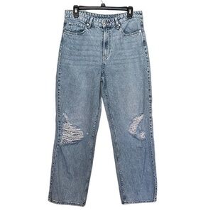 & Denim Loose Straight High Waist Jeans With Distressed Knees Light Blue